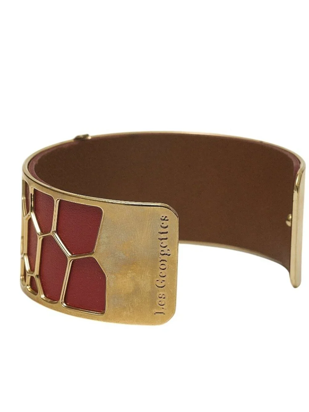 LES GEORGETTES Gold Plated Cuff Bracelet Red Leather Honeycomb Design France